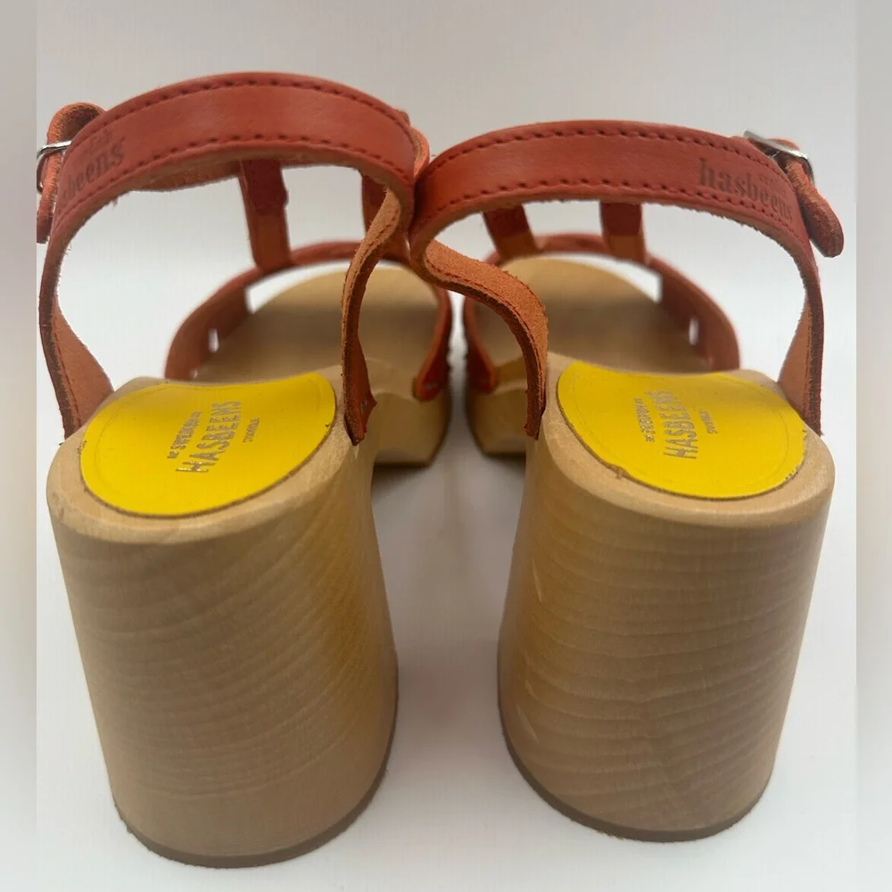 Swedish Hasbeens Red Leather Wooden Platform Sandals T-Strap Chunky Block Heel - Picture 10 of 16